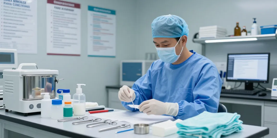 Healthcare professional wearing medical gloves while inspecting sterile supplies in a clinical lab.