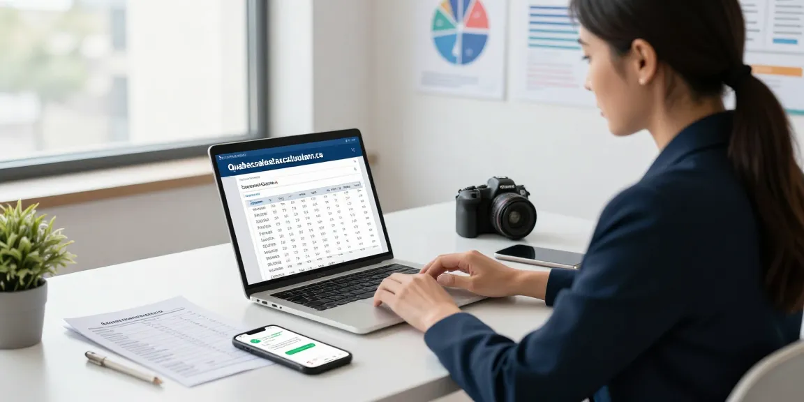 Office scene featuring a businesswoman using quebecsalestaxcalculator.ca to analyze sales tax calculations in a modern workspace.